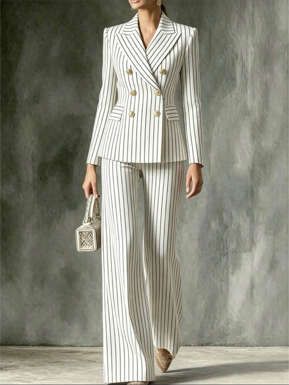 Double-Breasted White Pinstripe Pantsuit with Gold Buttons